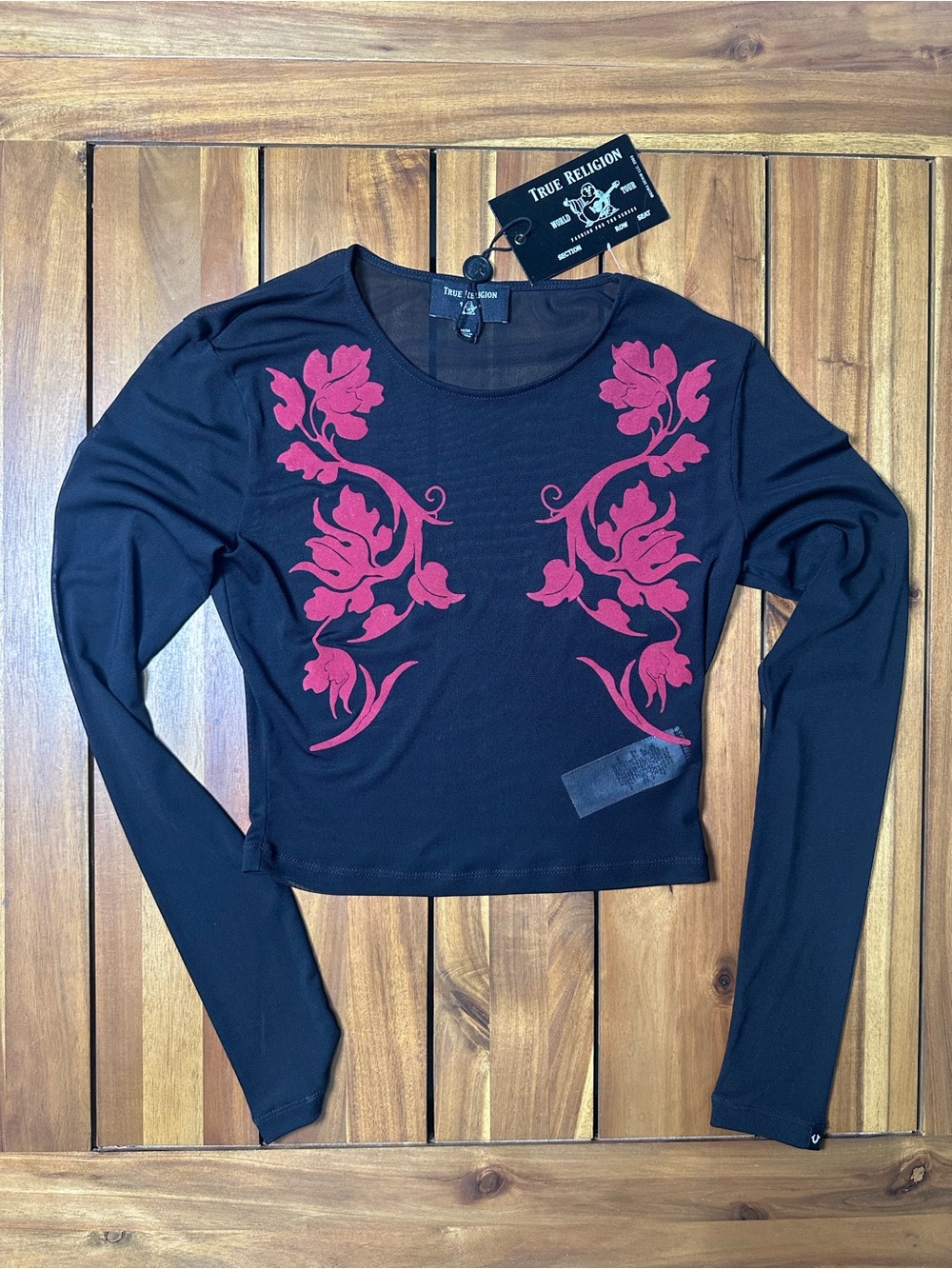 True Religion Black Long-Sleeve Sheer Mesh Crop Top with Red Floral Print Size M